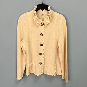 Venario Cream Ruffled Cardigan / Jacket Boiled Wool L Shell Buttons